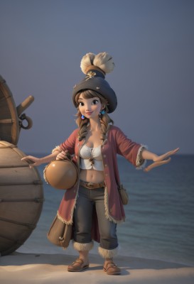 1girl,solo,long hair,breasts,looking at viewer,smile,brown hair,shirt,hat,navel,cleavage,brown eyes,jewelry,medium breasts,full body,braid,earrings,outdoors,open clothes,midriff,belt,pants,water,twin braids,lips,coat,crop top,ocean,beach,brown footwear,sandals,feathers,hair over shoulder,watercraft,hat feather,ship,pirate hat,pirate,barrel,tricorne,boots,lipstick,treasure chest