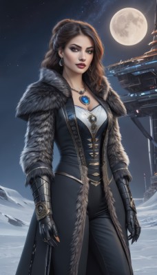 1girl,solo,long hair,breasts,looking at viewer,brown hair,gloves,cleavage,brown eyes,jewelry,medium breasts,standing,cowboy shot,earrings,outdoors,parted lips,sky,pants,necklace,lips,coat,fur trim,makeup,night,black pants,moon,lipstick,gauntlets,gem,star (sky),night sky,corset,snow,full moon,pendant,eyeshadow,starry sky,red lips,mole,black coat,realistic,architecture