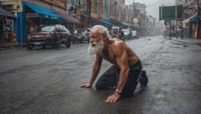 solo,1boy,jewelry,full body,white hair,male focus,outdoors,shoes,pants,black footwear,blurry,from side,kneeling,muscular,facial hair,scar,black pants,muscular male,ground vehicle,building,motor vehicle,beard,topless male,watch,city,mature male,sign,realistic,mustache,car,wristwatch,road,old,old man,street,photo background,open mouth,boots,day,profile,sidewalk