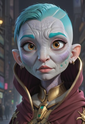 1girl,solo,looking at viewer,short hair,brown eyes,jewelry,blue hair,yellow eyes,earrings,parted lips,pointy ears,artist name,hood,blurry,lips,orange eyes,eyelashes,aqua hair,blurry background,portrait,scales,alien,cyberpunk,colored skin,nose,red cape