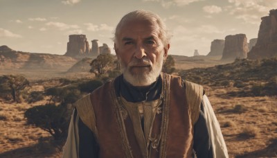 solo,looking at viewer,1boy,upper body,white hair,male focus,outdoors,sky,teeth,day,cloud,signature,cape,facial hair,cloudy sky,scenery,beard,mountain,realistic,bald,old,old man,smile,robe,fantasy,mustache