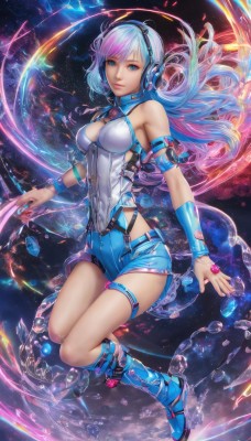 1girl,solo,long hair,breasts,looking at viewer,smile,bangs,blue eyes,cleavage,bare shoulders,jewelry,medium breasts,closed mouth,blue hair,full body,pink hair,multicolored hair,boots,shorts,artist name,nail polish,two-tone hair,lips,wrist cuffs,short shorts,clothing cutout,covered navel,gradient hair,thigh strap,floating hair,headphones,watermark,cleavage cutout,knee boots,wristband,armlet,floating,headset,blue shorts,blue footwear,pink lips,space,planet,purple hair,water,ring,gem,side cutout