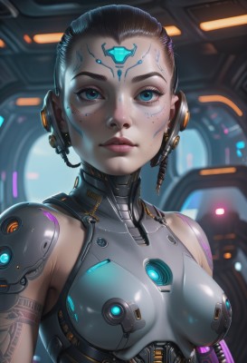 1girl,solo,breasts,looking at viewer,short hair,blue eyes,black hair,bare shoulders,medium breasts,closed mouth,upper body,sleeveless,mole,lips,eyelashes,tattoo,makeup,headgear,facial mark,forehead,freckles,science fiction,nose,android,cyborg,hair pulled back,robot joints,neon trim,cyberpunk,mechanical parts,hologram,small breasts,shiny,bodysuit,skin tight,eyeshadow,headset,shiny clothes,realistic,eyeliner,cable,very short hair,mascara