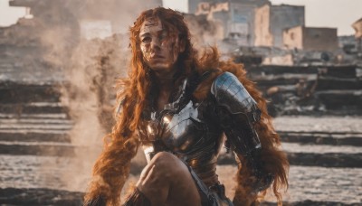 1girl,solo,long hair,blue eyes,brown hair,sitting,outdoors,orange hair,armor,blurry,lips,blurry background,scar,shoulder armor,science fiction,breastplate,stairs,realistic,looking at viewer,closed mouth,necklace,building,genderswap (mtf),curly hair,dirty