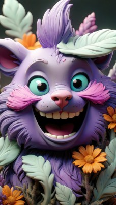 solo,looking at viewer,smile,open mouth,green eyes,flower,:d,teeth,artist name,blurry,no humans,leaf,portrait,freckles,animal focus,orange flower,buck teeth,blue eyes,1boy,male focus,watermark,plant,web address,furry