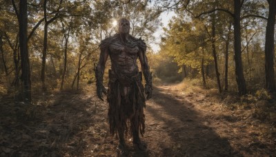 solo,1boy,standing,male focus,outdoors,day,cape,armor,tree,torn clothes,muscular,abs,sunlight,gauntlets,nature,scenery,forest,walking,arms at sides,path,weapon,helmet