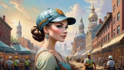 1girl,breasts,looking at viewer,smile,short hair,blue eyes,multiple girls,brown hair,shirt,hat,jewelry,white shirt,upper body,earrings,outdoors,parted lips,multiple boys,sky,solo focus,day,cloud,bag,hair bun,blue sky,lips,makeup,sunlight,single hair bun,backpack,suspenders,cloudy sky,blue shirt,lipstick,building,baseball cap,faceless,blue headwear,6+boys,city,realistic,nose,red lips,overalls,crowd,people,gloves,helmet,ground vehicle,tower