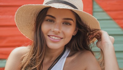 1girl,solo,long hair,looking at viewer,smile,brown hair,hat,bare shoulders,brown eyes,jewelry,upper body,earrings,outdoors,teeth,day,hand up,grin,blurry,lips,blurry background,halterneck,portrait,freckles,sun hat,realistic,nose,straw hat,stud earrings,open mouth,swimsuit,:d,bikini,white bikini,thick eyebrows,close-up