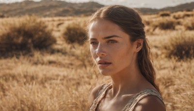 1girl,solo,long hair,looking at viewer,brown hair,dress,bare shoulders,brown eyes,collarbone,upper body,outdoors,parted lips,sleeveless,blurry,lips,depth of field,blurry background,portrait,freckles,realistic,nose,field,flower field,flower,teeth,day,sunlight,sunflower