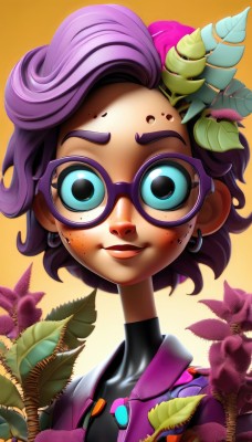 1girl,solo,looking at viewer,smile,short hair,open mouth,blue eyes,hair ornament,jewelry,upper body,purple hair,flower,earrings,glasses,artist name,necklace,dark-skinned female,lips,gradient,gradient background,bodysuit,makeup,leaf,portrait,eyeshadow,freckles,plant,orange background,dirty