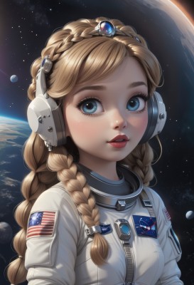 1girl,solo,long hair,breasts,looking at viewer,bangs,blue eyes,blonde hair,upper body,braid,parted lips,artist name,signature,twin braids,lips,eyelashes,makeup,headphones,star (sky),zipper,headset,freckles,realistic,nose,red lips,space,planet,earth (planet),american flag,spacesuit,astronaut,hair ornament,teeth,lipstick,crown braid,space helmet