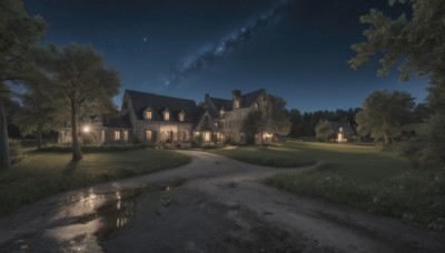 outdoors,sky,cloud,water,tree,no humans,window,night,grass,building,star (sky),nature,night sky,scenery,forest,starry sky,reflection,road,house,lamppost,path,light,bush