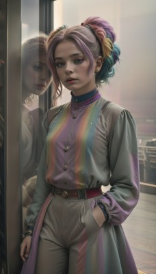 1girl,solo,breasts,looking at viewer,blue eyes,shirt,hair ornament,long sleeves,jewelry,closed mouth,blue hair,standing,ponytail,pink hair,purple hair,multicolored hair,cowboy shot,small breasts,parted lips,striped,belt,pants,artist name,indoors,signature,necklace,bracelet,two-tone hair,lips,coat,window,makeup,buttons,ring,multicolored clothes,buckle,eyeshadow,reflection,hand in pocket,belt buckle,mirror,realistic,white pants,nose,grey pants,mascara,high-waist pants,rainbow hair,short hair,earrings,choker,nail polish,turtleneck,piercing,lipstick,ear piercing,forehead,purple shirt