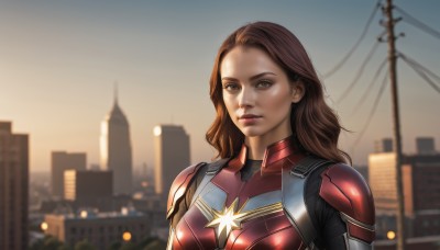 1girl,solo,long hair,looking at viewer,brown hair,brown eyes,upper body,outdoors,parted lips,sky,armor,blurry,lips,bodysuit,blurry background,building,science fiction,city,realistic,animification,power lines,superhero,red bodysuit,power armor,sunset,cityscape