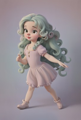 1girl,solo,long hair,looking at viewer,smile,skirt,simple background,dress,brown eyes,jewelry,very long hair,standing,full body,short sleeves,frills,green hair,shoes,socks,puffy sleeves,grey background,necklace,flat chest,puffy short sleeves,lips,gradient background,frilled dress,child,pink dress,curly hair,female child,realistic