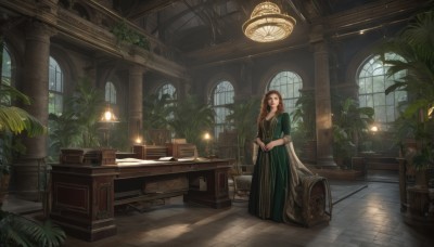 1girl,solo,long hair,looking at viewer,smile,brown hair,dress,jewelry,standing,braid,short sleeves,indoors,book,window,makeup,chair,table,sunlight,plant,lipstick,scenery,hair over shoulder,green dress,stairs,long dress,tiles,potted plant,lamp,candle,tile floor,wide shot,suitcase,ceiling,carpet,arch,chandelier,open mouth,tree,fantasy,bookshelf,candlestand