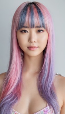 1girl,solo,long hair,breasts,looking at viewer,smile,bangs,simple background,cleavage,bare shoulders,brown eyes,medium breasts,closed mouth,blue hair,swimsuit,upper body,pink hair,purple hair,bikini,multicolored hair,blunt bangs,grey background,black eyes,two-tone hair,lips,makeup,floral print,realistic,dress