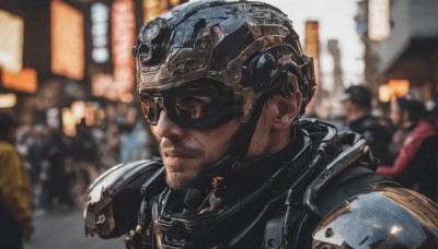 solo,1boy,closed mouth,upper body,male focus,solo focus,armor,blurry,from side,military,depth of field,blurry background,facial hair,helmet,goggles,shoulder armor,portrait,beard,science fiction,city,realistic,power armor,soldier,brown hair,black hair,outdoors,night,scar,mustache