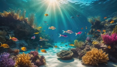 outdoors,day,water,no humans,ocean,animal,sunlight,scenery,fish,bubble,light rays,rock,underwater,air bubble,sunbeam,turtle,coral,seaweed,caustics