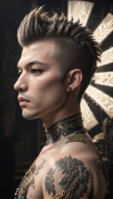 solo,short hair,black hair,1boy,jewelry,upper body,male focus,earrings,parted lips,blurry,black eyes,from side,lips,tattoo,profile,blurry background,facial hair,piercing,freckles,realistic,nose,stubble,neck tattoo,back tattoo,closed mouth,choker,artist name,collar,scar,portrait,topless male,manly