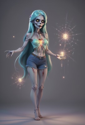 1girl,solo,long hair,breasts,looking at viewer,hair ornament,navel,bare shoulders,medium breasts,very long hair,blue hair,standing,collarbone,full body,yellow eyes,small breasts,parted lips,shorts,barefoot,midriff,belt,lips,torn clothes,short shorts,aqua hair,blood,makeup,glowing,denim,lipstick,glowing eyes,colored sclera,walking,toenails,denim shorts,injury,android,black sclera,joints,cutoffs,grey skin,no pupils,torn shirt,cyborg,ribs,damaged,zombie,robot joints,cracked skin,jewelry,green hair,teeth,colored skin,orb,torn shorts