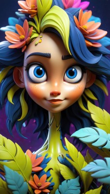 1girl,solo,looking at viewer,smile,blue eyes,hair ornament,closed mouth,blue hair,upper body,flower,multicolored hair,green hair,artist name,hair flower,two-tone hair,lips,eyelashes,makeup,leaf,plant,monster girl,portrait,pink flower,freckles,nose,yellow skin,blonde hair