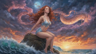 1girl,solo,long hair,breasts,blue eyes,large breasts,brown hair,navel,cleavage,medium breasts,sitting,swimsuit,bikini,outdoors,sky,barefoot,cloud,water,orange hair,lips,wet,legs,bare legs,floating hair,ocean,wavy hair,moon,cloudy sky,blue bikini,curly hair,sunset,rock,realistic,nose,fantasy,sun,waves,bare shoulders,very long hair,collarbone,full body,red hair,parted lips,midriff,stomach,makeup,bird,arm support,watermark,looking away,looking up,wind,full moon,looking afar,shell,seashell,sitting on rock