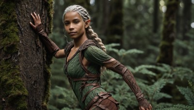 1girl,solo,long hair,breasts,looking at viewer,gloves,brown eyes,braid,white hair,small breasts,outdoors,parted lips,pointy ears,dark skin,armor,blurry,dark-skinned female,tree,lips,single braid,depth of field,blurry background,elf,nature,forest,realistic,nose