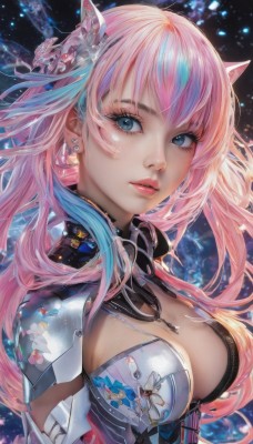 1girl,solo,long hair,breasts,looking at viewer,bangs,blue eyes,large breasts,hair ornament,animal ears,cleavage,jewelry,medium breasts,blue hair,upper body,pink hair,multicolored hair,earrings,parted lips,cat ears,armor,two-tone hair,lips,streaked hair,eyelashes,makeup,cleavage cutout,nose,artist name,necklace,gradient hair,freckles