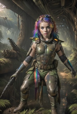 1girl,solo,long hair,breasts,looking at viewer,blue eyes,gloves,holding,sitting,blue hair,full body,weapon,purple hair,multicolored hair,boots,shorts,sleeveless,solo focus,belt,artist name,fingerless gloves,water,holding weapon,armor,two-tone hair,tree,lips,gun,military,gradient hair,watermark,brown footwear,grass,plant,holding gun,nature,web address,rifle,handgun,science fiction,pouch,realistic,nose,knee pads,cyborg,elbow pads,green pants,thighhighs,leaf,goggles,forest,dirty