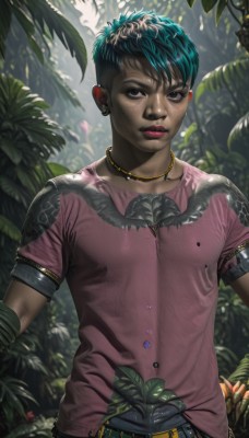 1girl,solo,looking at viewer,short hair,shirt,black hair,1boy,jewelry,blue hair,upper body,short sleeves,male focus,multicolored hair,earrings,outdoors,green hair,belt,pants,dark skin,necklace,blurry,black eyes,two-tone hair,dark-skinned female,lips,makeup,leaf,piercing,plant,denim,lipstick,ear piercing,nature,androgynous,eyeshadow,freckles,pink shirt,jeans,realistic,nose,very short hair,very dark skin,mascara,nose piercing,flower,dark-skinned male,forest,stud earrings