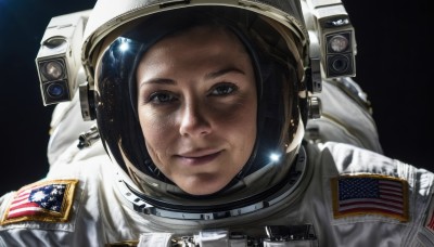 1girl,solo,looking at viewer,smile,brown hair,brown eyes,closed mouth,upper body,lips,helmet,black background,portrait,freckles,reflection,science fiction,realistic,space,american flag,spacesuit,japanese flag,space helmet,astronaut,black hair,1boy,male focus,nose,planet,dirty,earth (planet),united states,american flag print