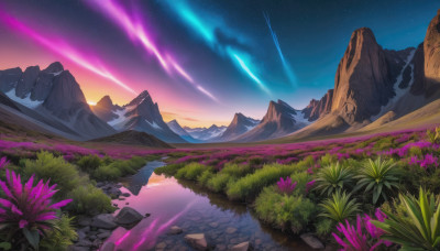 flower, outdoors, sky, water, no humans, night, grass, star (sky), night sky, scenery, starry sky, reflection, rock, mountain, landscape, shooting star