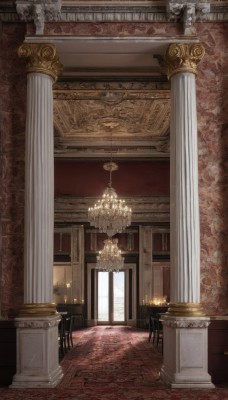 solo,indoors,no humans,window,chair,table,scenery,stairs,light,candle,architecture,pillar,statue,carpet,arch,candlestand,chandelier,column,door