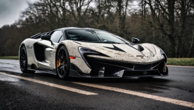 outdoors,blurry,tree,no humans,blurry background,ground vehicle,nature,motor vehicle,forest,car,road,vehicle focus,photo background,wheel,sports car,solo,realistic