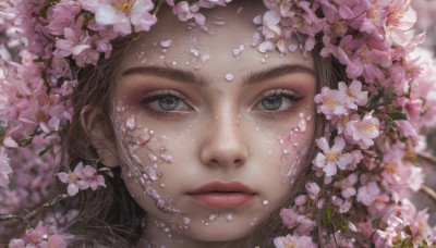 1girl, solo, long hair, looking at viewer, brown hair, brown eyes, closed mouth, flower, parted lips, blurry, lips, petals, eyelashes, depth of field, cherry blossoms, portrait, close-up, realistic, nose, branch