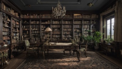 day,indoors,cup,book,no humans,window,chair,table,sunlight,bottle,plant,curtains,scenery,wooden floor,bookshelf,potted plant,lamp,candle,stool,shelf,book stack,ceiling,carpet,candlestand,ceiling light,rug,cabinet,chandelier,globe,wooden table,fireplace,signature,tree,couch