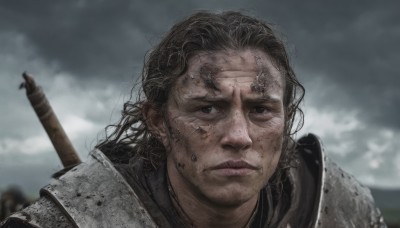 solo,long hair,looking at viewer,black hair,1boy,closed mouth,weapon,male focus,outdoors,sky,sword,cloud,armor,blurry,black eyes,lips,blurry background,scar,cloudy sky,shoulder armor,messy hair,portrait,scar on face,pauldrons,realistic,dirty,weapon on back,grey sky,dirty face,chainmail,brown hair,brown eyes,day,facial hair,close-up,stubble,overcast