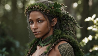 1girl,solo,long hair,looking at viewer,smile,black hair,hair ornament,brown eyes,green eyes,upper body,flower,dark skin,blurry,dark-skinned female,lips,depth of field,blurry background,leaf,plant,portrait,realistic,nose,head wreath,dreadlocks,tribal,nature,curly hair,wreath