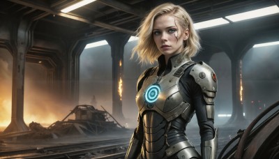 HQ,1girl,solo,looking at viewer,short hair,blue eyes,blonde hair,jewelry,upper body,earrings,signature,medium hair,armor,lips,bodysuit,scar,fire,scar on face,science fiction,breastplate,realistic,scar across eye,ruins,power armor,hair ornament,glowing,nose,dirty