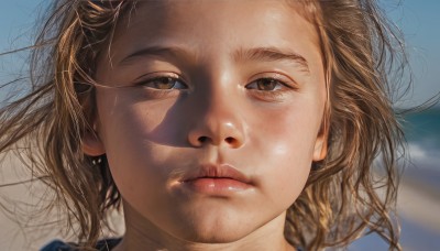 1girl,solo,looking at viewer,short hair,brown hair,brown eyes,jewelry,closed mouth,earrings,outdoors,parted lips,sky,day,blurry,lips,blurry background,shadow,wind,messy hair,portrait,close-up,freckles,realistic,nose,long hair,blue sky,eyelashes