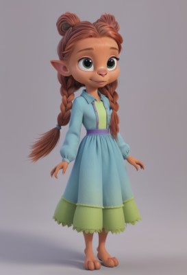 1girl,solo,long hair,smile,simple background,brown hair,long sleeves,dress,twintails,closed mouth,green eyes,standing,full body,braid,barefoot,pointy ears,grey background,twin braids,blue dress,child,furry,freckles,furry female,female child,white background,red hair,no humans