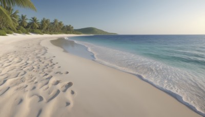 outdoors,sky,day,water,tree,blue sky,no humans,ocean,beach,scenery,sand,palm tree,sun,horizon,waves,shore,footprints,cloud,nature