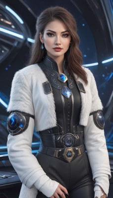 1girl,solo,long hair,looking at viewer,brown hair,gloves,long sleeves,brown eyes,jewelry,standing,jacket,cowboy shot,earrings,open clothes,belt,pants,fingerless gloves,lips,coat,fur trim,makeup,black pants,ring,white jacket,lipstick,brooch,gem,buckle,eyeshadow,science fiction,realistic,nose,white coat,red lips,breasts,shirt,artist name,white gloves,mole,bodysuit,black bodysuit,thick lips