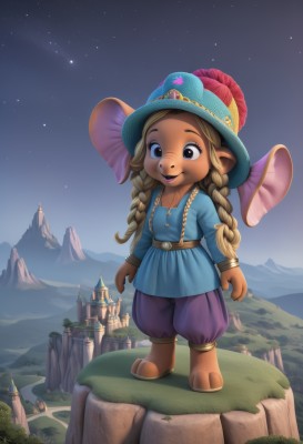 1girl,solo,long hair,smile,blonde hair,brown hair,shirt,long sleeves,hat,brown eyes,jewelry,closed mouth,standing,full body,braid,outdoors,sky,pointy ears,belt,pants,artist name,black eyes,twin braids,flat chest,night,brown footwear,feathers,blue shirt,building,child,star (sky),night sky,furry,blue headwear,starry sky,mountain,furry female,female child,hat feather,castle,purple pants,puffy pants,open mouth,collarbone,flower,shoes,signature,dark skin,tree,buttons,watermark,grass,scenery,arms at sides,hat flower,mountainous horizon,shooting star,cliff