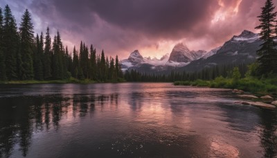 outdoors,sky,cloud,water,tree,no humans,cloudy sky,grass,nature,scenery,forest,reflection,sunset,mountain,river,evening,landscape,mountainous horizon,lake,red sky,reflective water,pine tree