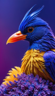 solo,simple background,flower,black eyes,from side,pokemon (creature),no humans,bird,animal,blue background,purple background,blue flower,purple flower,field,animal focus,flower field,beak,looking at viewer,closed mouth,gradient,gradient background,feathers