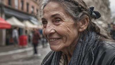 1girl,solo,long hair,looking at viewer,smile,blue eyes,1boy,jacket,braid,grey hair,outdoors,parted lips,teeth,grin,blurry,lips,black jacket,depth of field,blurry background,building,portrait,realistic,old,old woman,bow,ribbon,hair ribbon,hair bow,male focus,solo focus,day,scarf,grey eyes,leather jacket,wrinkled skin