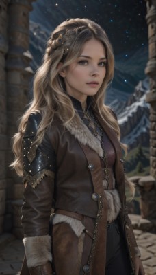 1girl,solo,long hair,breasts,looking at viewer,blonde hair,brown hair,hair ornament,gloves,long sleeves,brown eyes,jewelry,standing,braid,cowboy shot,outdoors,parted lips,sky,pants,artist name,necklace,armor,blurry,lips,coat,fur trim,night,blurry background,wavy hair,black pants,star (sky),night sky,snow,brown gloves,starry sky,freckles,realistic,nose,arms at sides,leather,brown coat,leather gloves,jacket,mountain