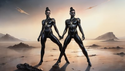 breasts,looking at viewer,multiple girls,2girls,medium breasts,standing,full body,outdoors,sky,hair bun,high heels,bodysuit,mask,single hair bun,skin tight,science fiction,mountain,aircraft,sand,black bodysuit,spacecraft,desert,helicopter,no humans,holding hands,alien